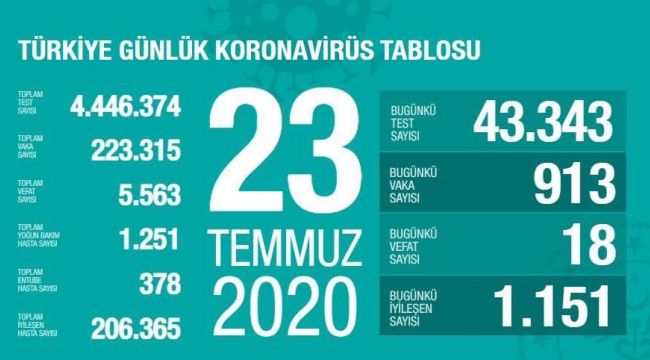 913 VATANDAŞIN KORONAVİRÜS TESTİ POZİTİF ÇIKTI