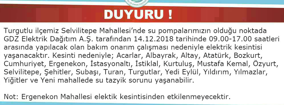 Turgutlu’da Yarın Bazı Mahallelerde